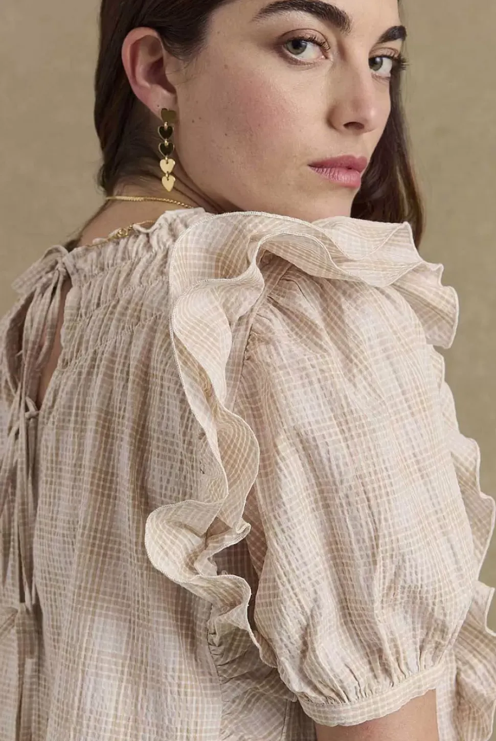 Blouse Amia Carreaux Beige Et Blanc