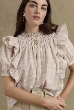 Blouse Amia Carreaux Beige Et Blanc