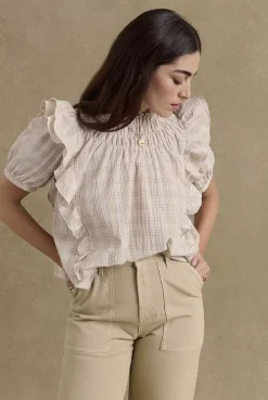 Blouse Amia Carreaux Beige Et Blanc