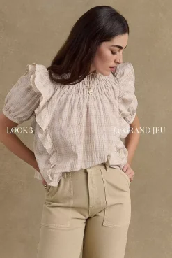 Blouse Amia Carreaux Beige Et Blanc