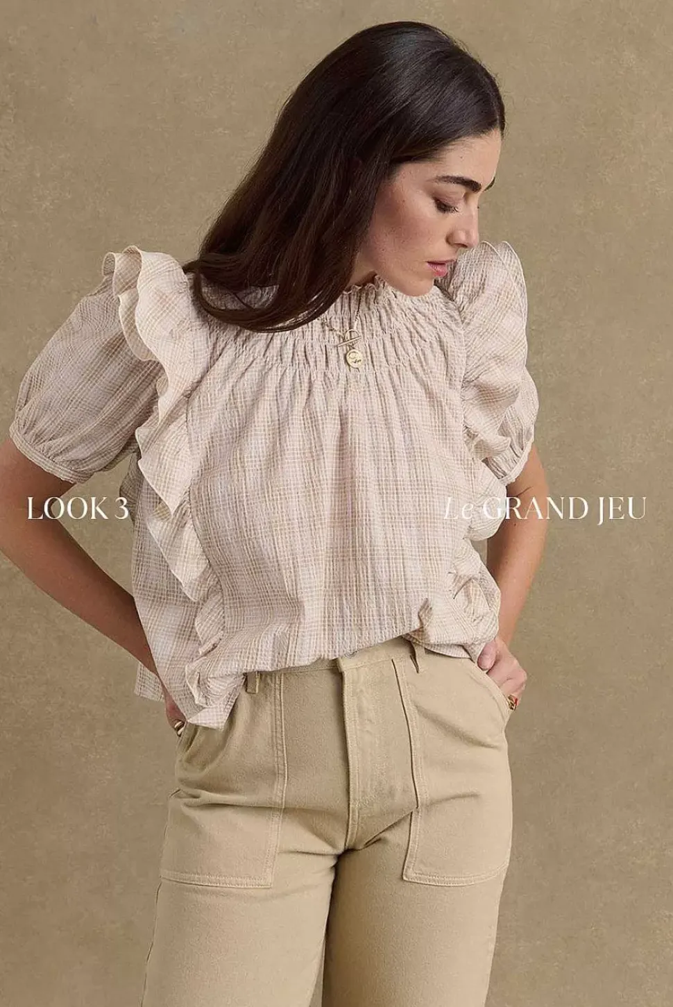 Blouse Amia Carreaux Beige Et Blanc