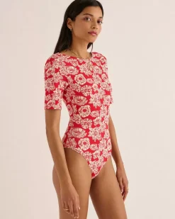 Body Heureuse Imprime Flower Party Rouge Et Ecru