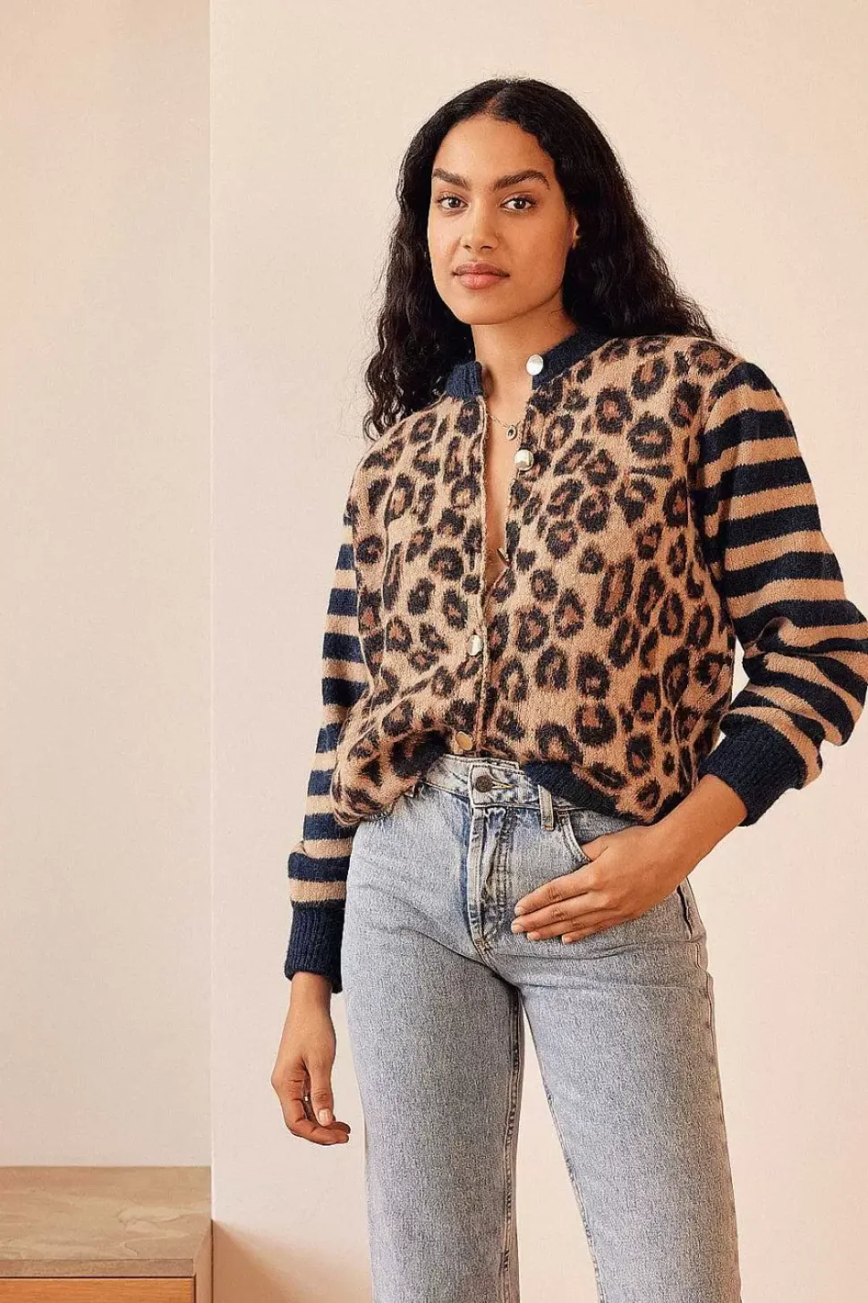 Cardigan Idole Rayures Bleu Et Leopard