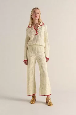 Pantalon Paysage Ecru Et Lisere Rouge
