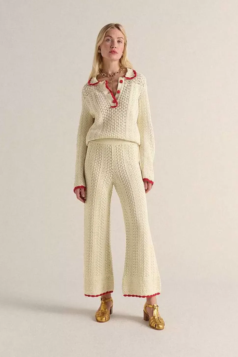 Pantalon Paysage Ecru Et Lisere Rouge