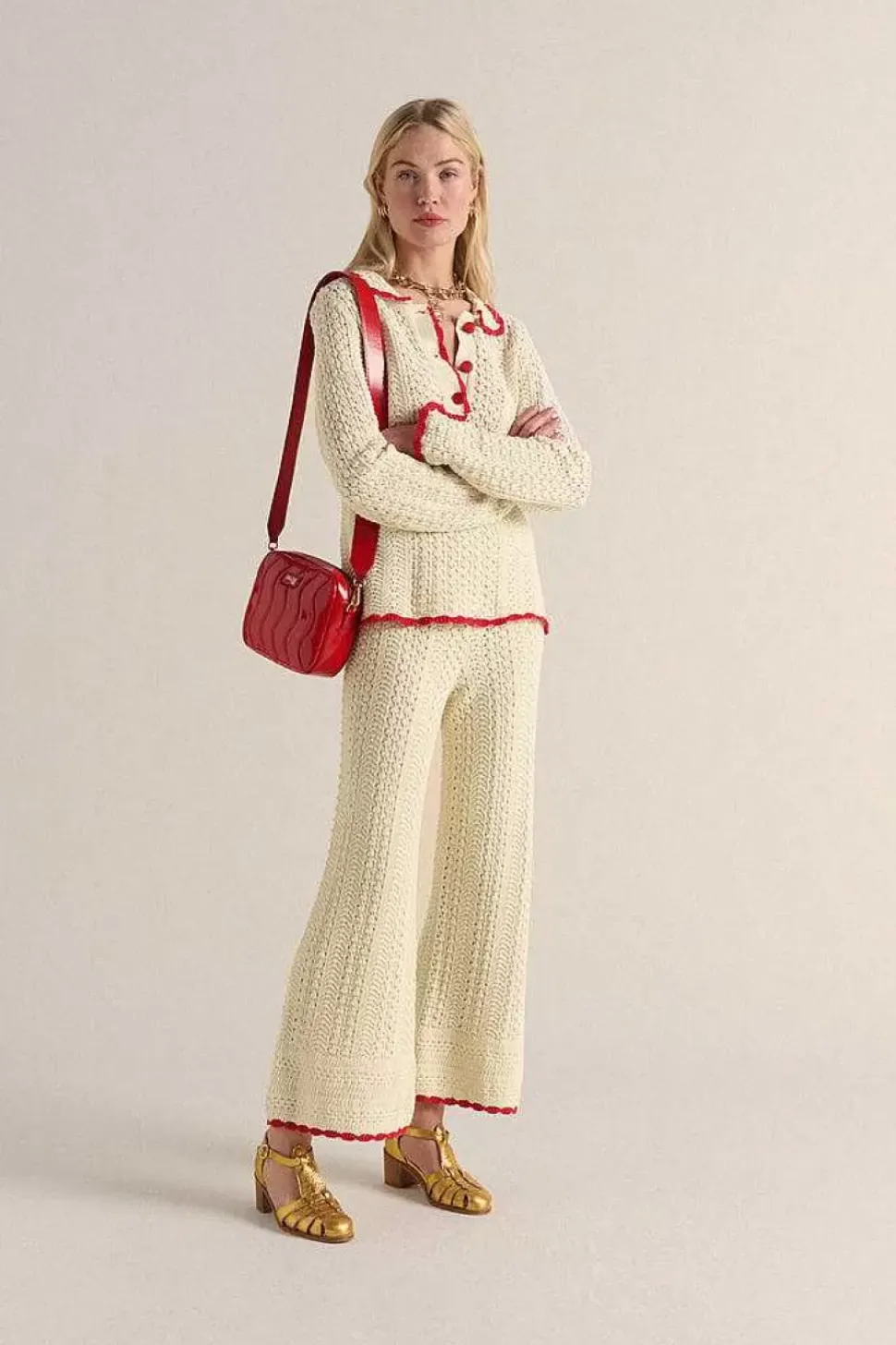 Pantalon Paysage Ecru Et Lisere Rouge