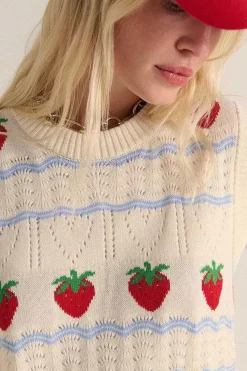 Pull Priska Ecru Et Fraises Rouges