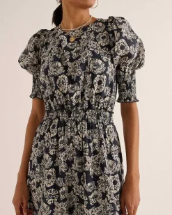 Robe Celesta Imprime Flower Party Rayures Marine Et Ecru