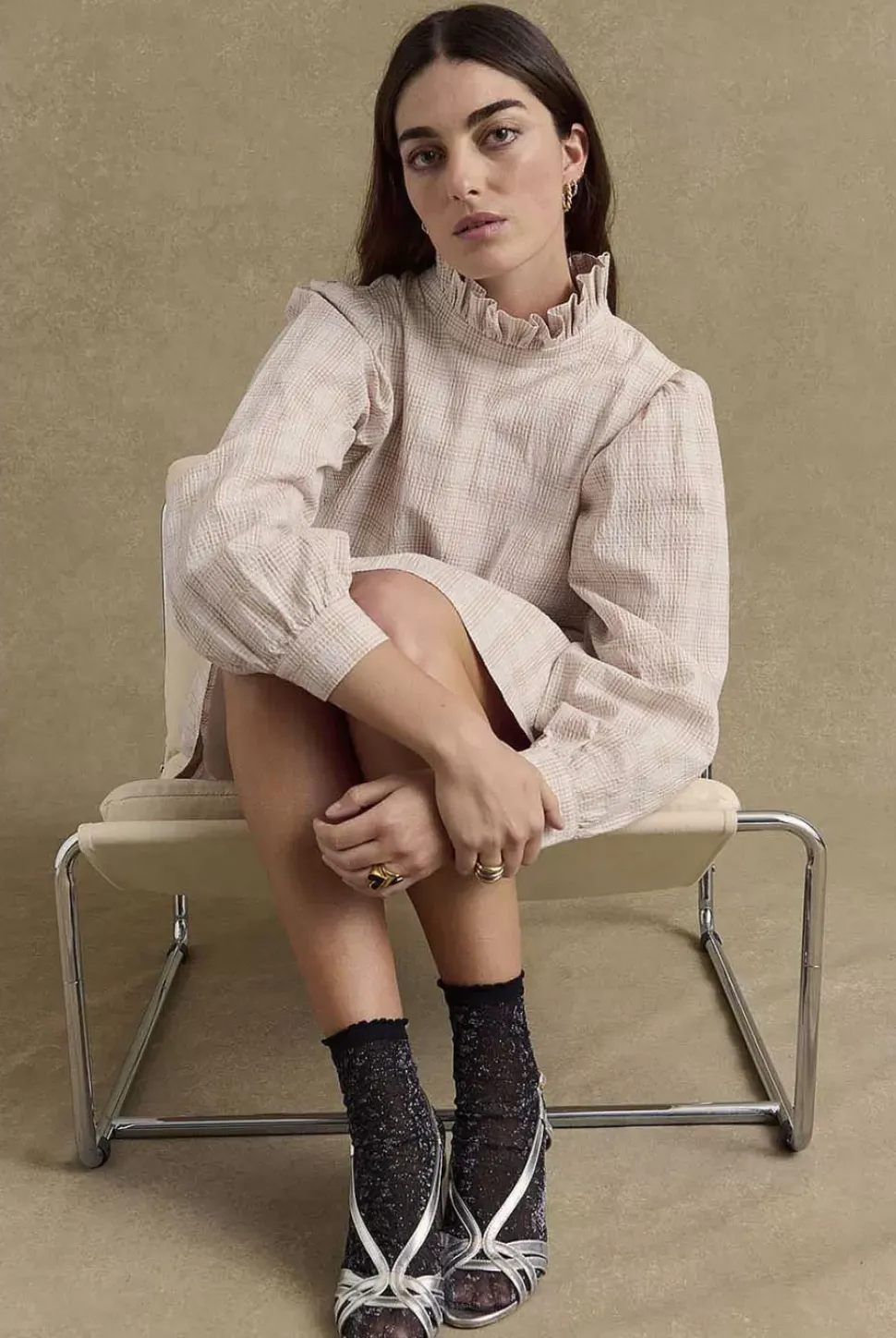 Robe Saga Carreaux Beige Et Blanc